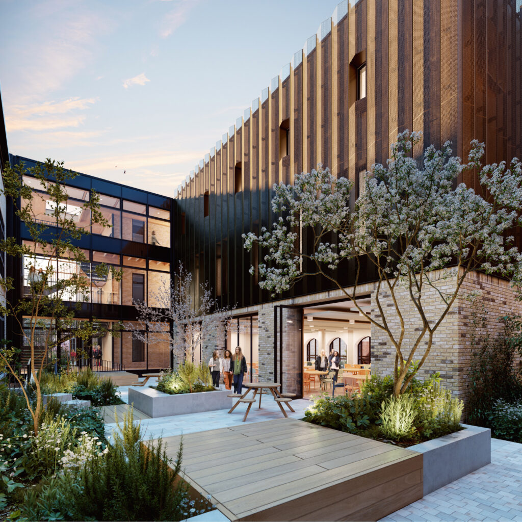 Outside view of Godolphin & Latymer School showing the updated dining area, library and Sixth Form centre