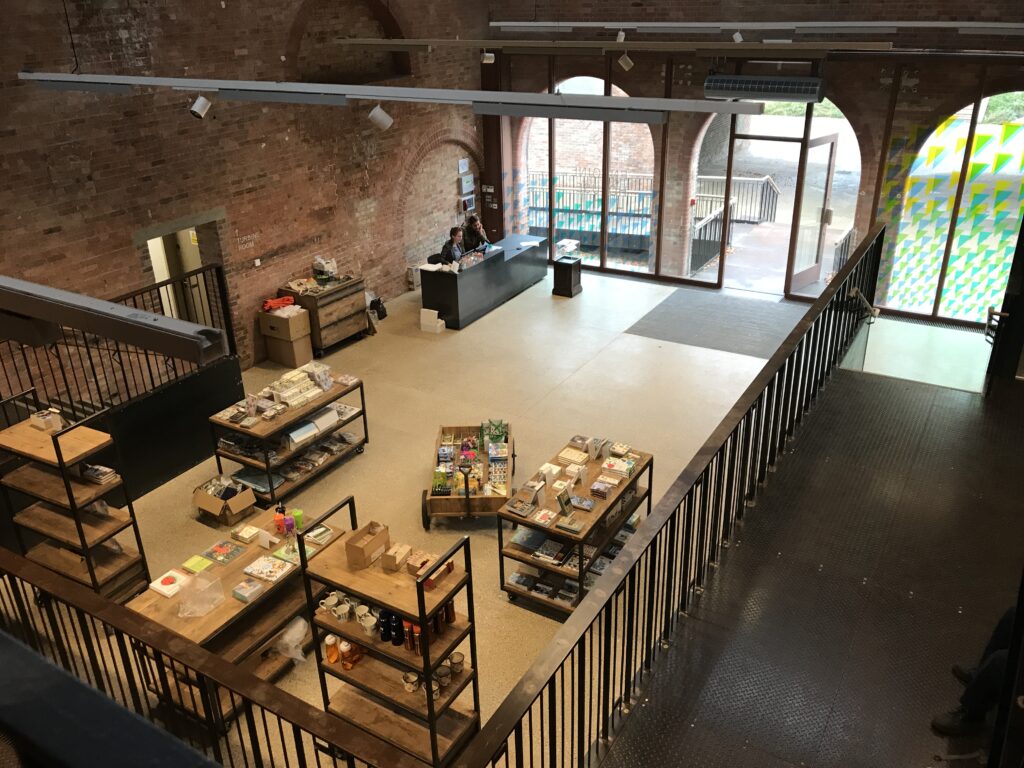 Aerial image of the visitor area and cafe at Walthamstow Wetlands