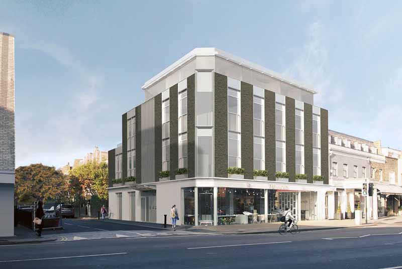 Artist generated image of a 3-storey extension above an existing ground floor retail unit on the busy Kings Road in Chelsea.